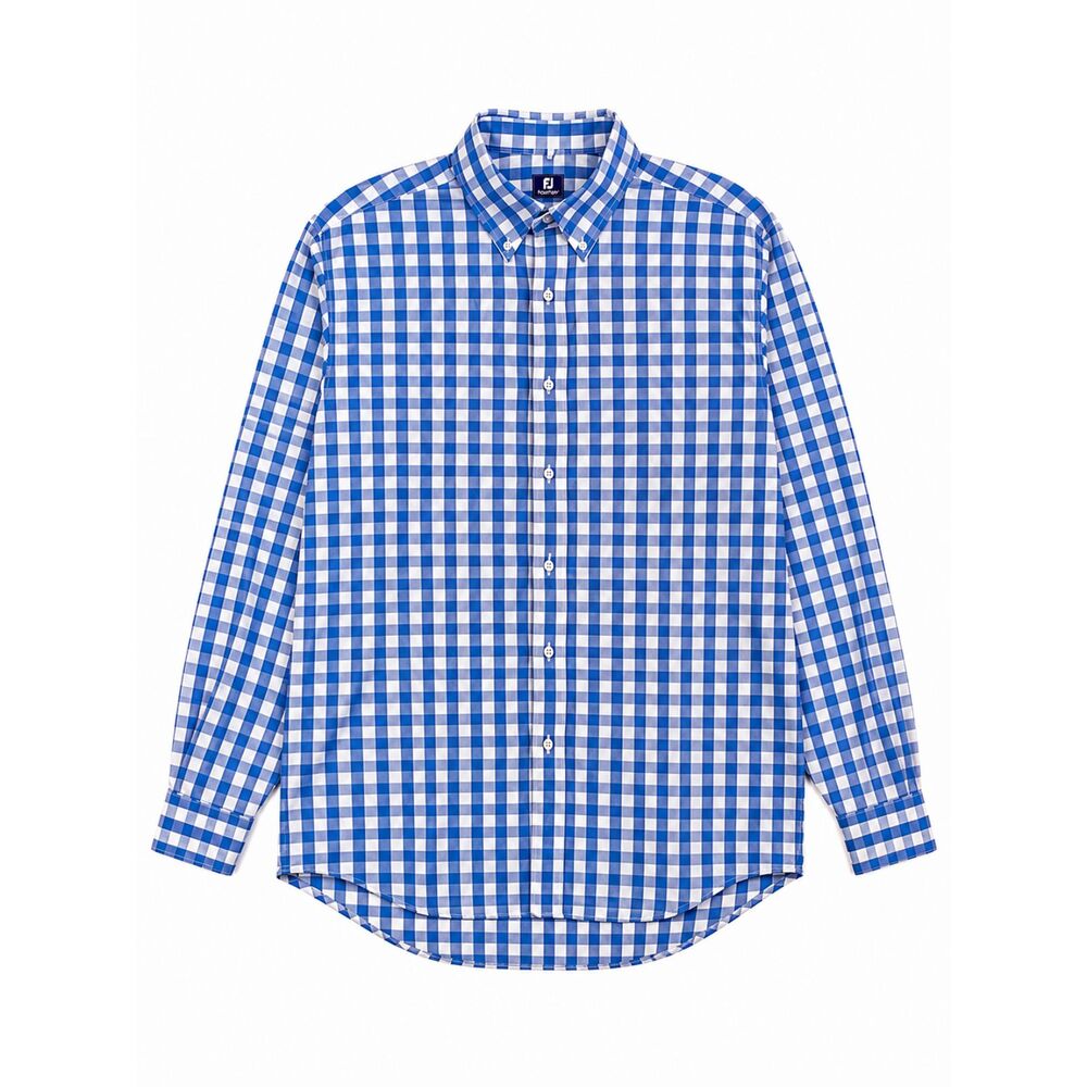FootJoy Casual Button Golf Shirt Mens Sz L Blue Gingham Long Sleeve Preppy